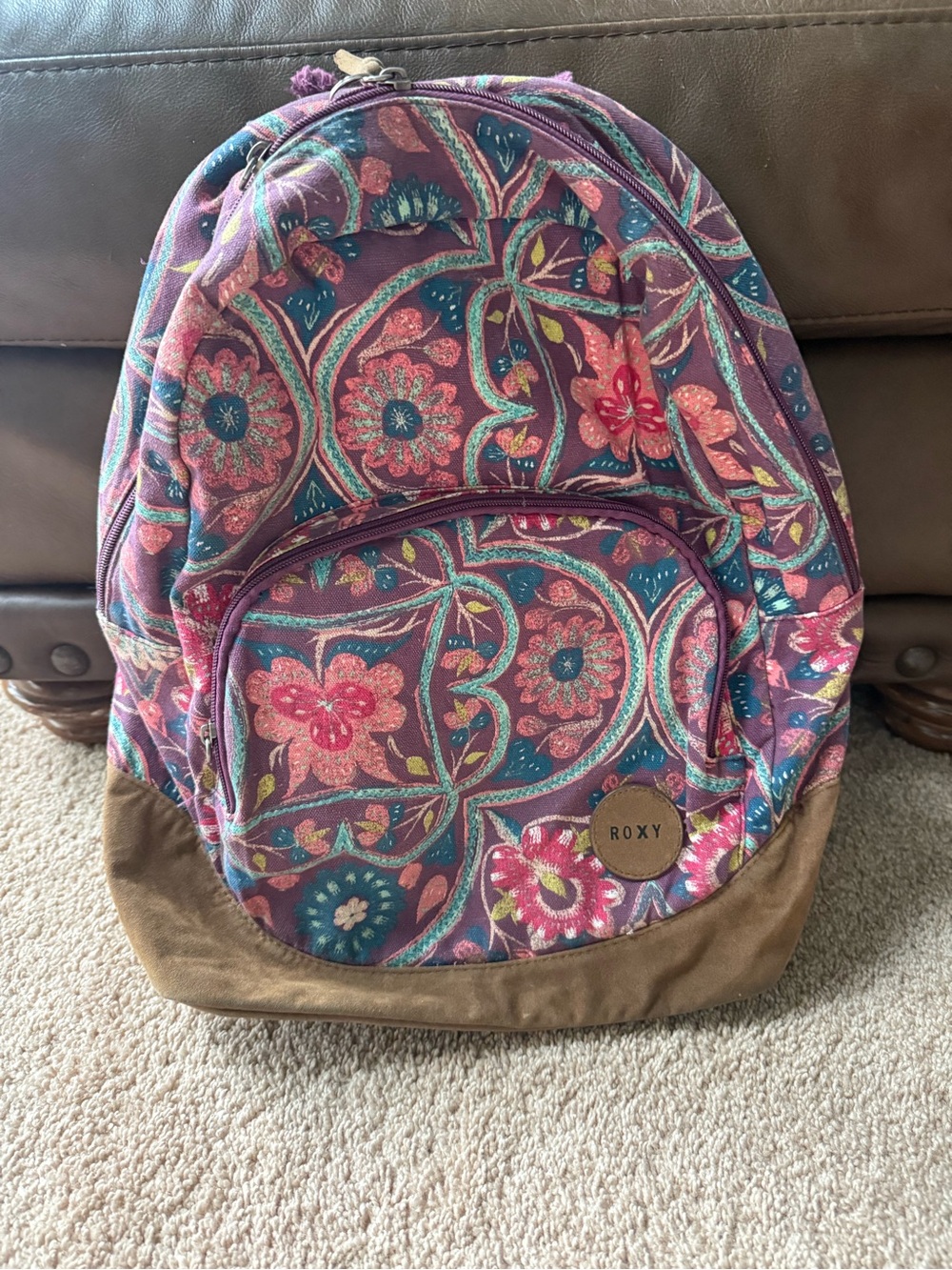 Roxy Purple Floral Canvas Backpack with Brown Base